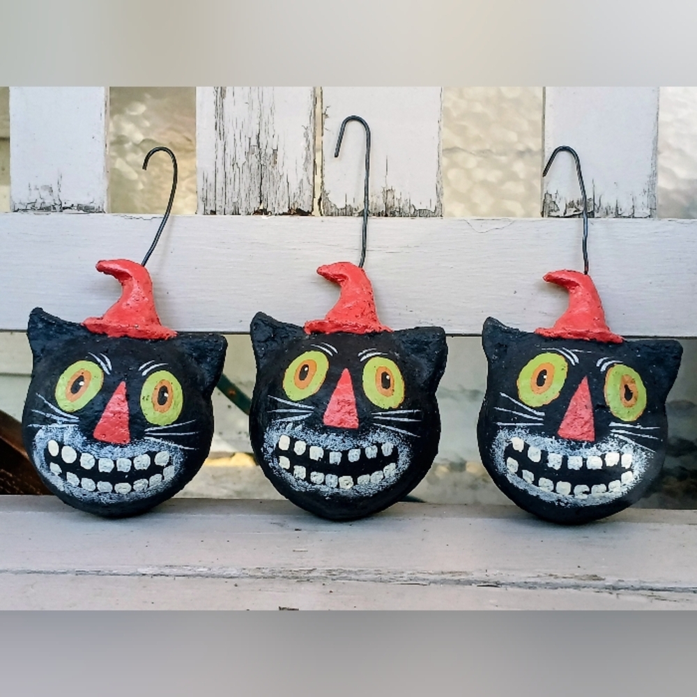 Vintage Papier Mache Halloween Black Cat Ornaments Set Of Three